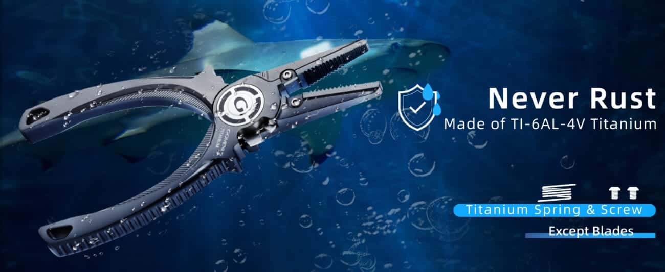 Gomexus Heavy Duty Titanium Fishing Pliers 7.5” With Dual Cutters 1 美国路亚钳主图2.17优化版 卖点图 永不生锈1464x600
